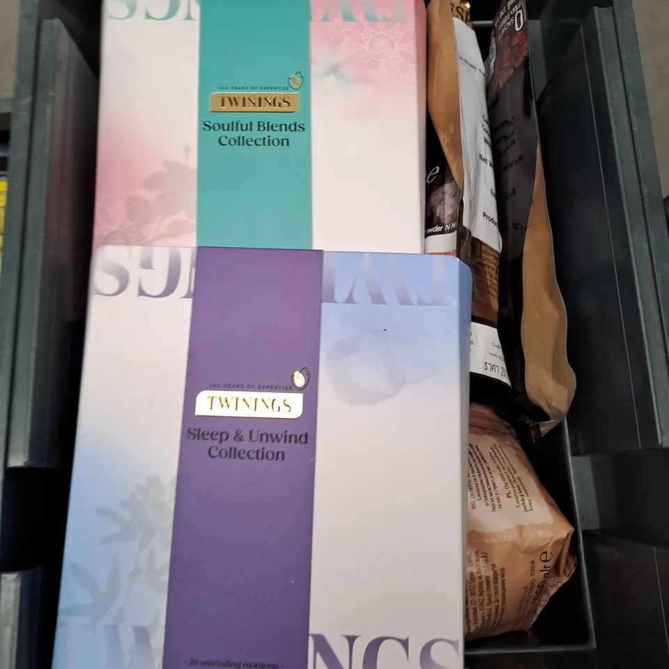 BOX OF APPROXIMATELY 15 ITEMS TO INCLUDE TWINNINGS COLLECTION, NE COFFEE, LAVAZZA COFFEE ETC