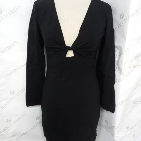 BESHKA PLUNGE CUTOUT DETAIL LONG SLEEVE MINI DRESS IN BLACK SIZE M