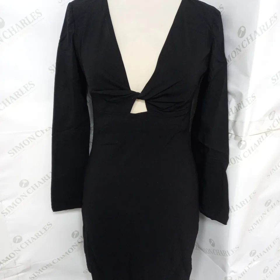 BESHKA PLUNGE CUTOUT DETAIL LONG SLEEVE MINI DRESS IN BLACK SIZE M