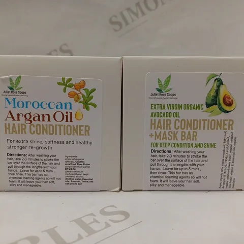 BOX OF APPROX 15 ASSORTED JULIET ROSE SOAPS PRODUCTS TO INCLUDE ARGAN OIL HAIR CONIDITIONER & EXTRA VIRGIN ORGANIC AVOCADO OIL HAIR CONDITIONER/MASK