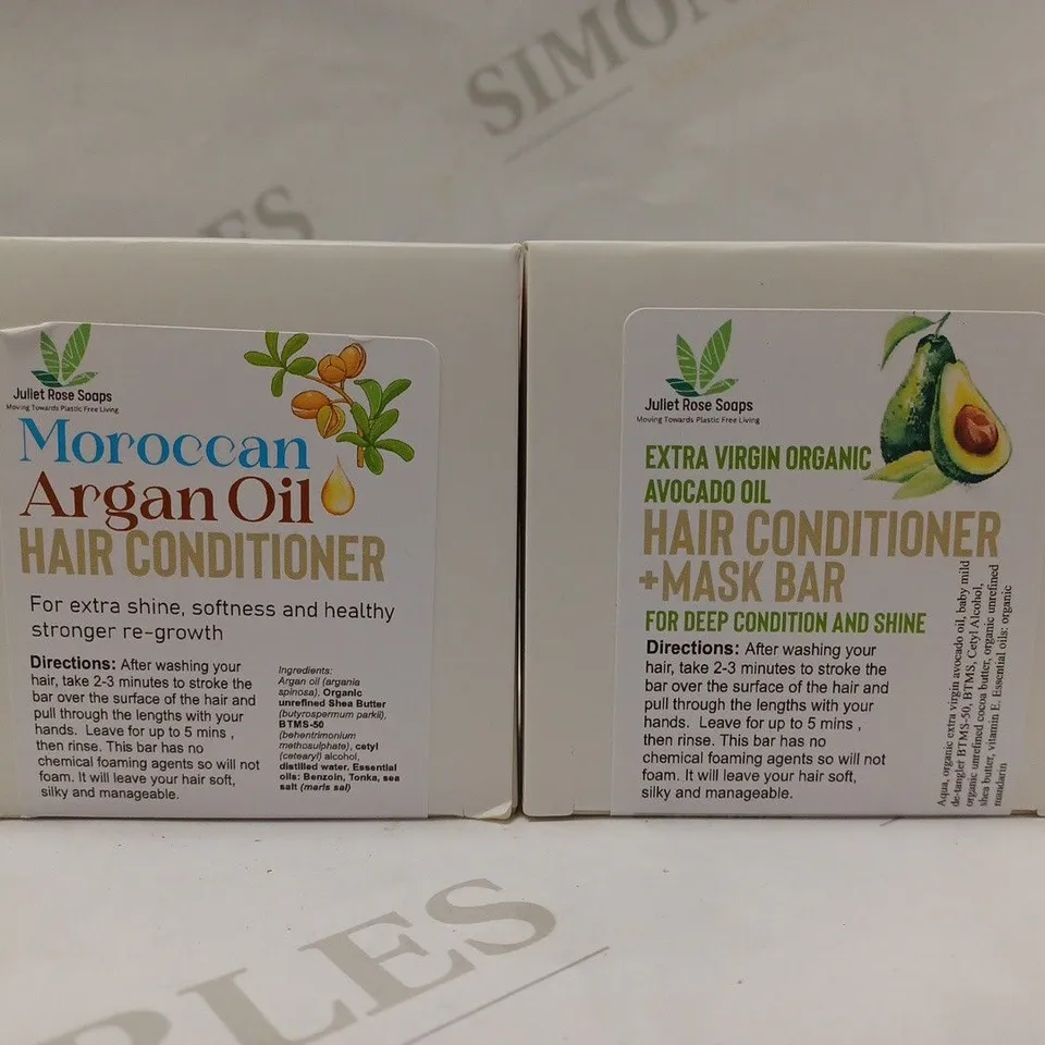 BOX OF APPROX 15 ASSORTED JULIET ROSE SOAPS PRODUCTS TO INCLUDE ARGAN OIL HAIR CONIDITIONER & EXTRA VIRGIN ORGANIC AVOCADO OIL HAIR CONDITIONER/MASK 