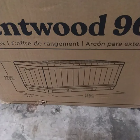 BOXED KETER KENTWOOD 90 DECK BOX 128CM X 59CM X 53.6 - 350L