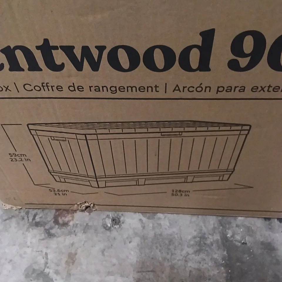 BOXED KETER KENTWOOD 90 DECK BOX 128CM X 59CM X 53.6 - 350L