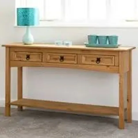 BOXED CORONA 3 DRAWER CONSOLE TABLE WITH SHELF - DISTRESSED WAXED PINE (1 BOX)