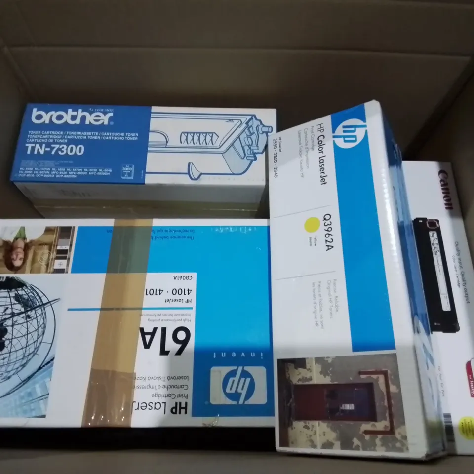 LOT OF 11 ASSORTED PRINTER ITEMS TO INCLUDE CARTRIDGES AND WASTE TONER BOTTLES