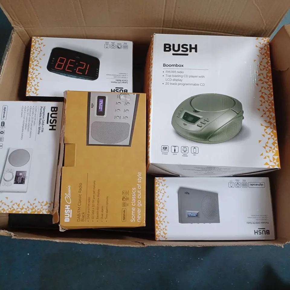 APPROXIMATELY 9 ASSORTED BOXED BUSH PRODUTCS TO INCLUDE CLASSIC DAB/FM RADIO, BUSH BOOMBOX, BUSH PORTABLE DAB/FM RADIO, ETC