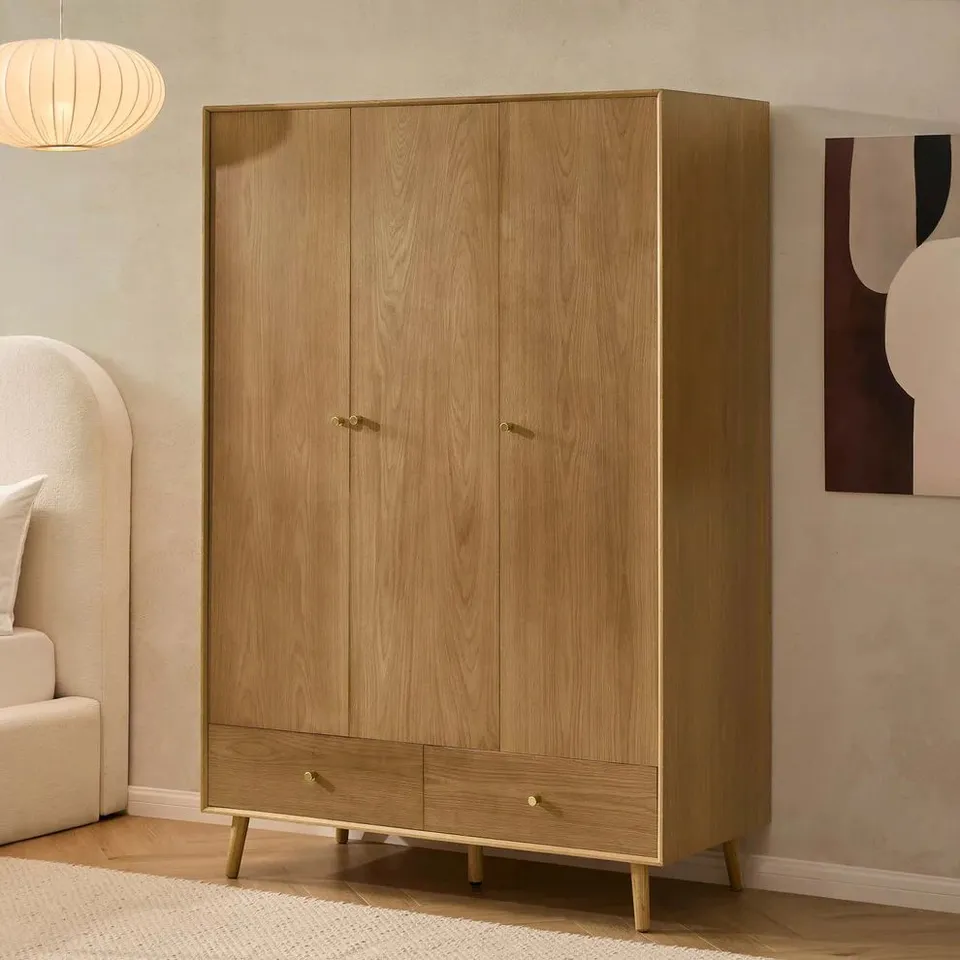BOXED DUSK HEIDI OAK 3 DOOR WARDROBE WITH DRAWERS - LIGHT WOOD (2 BOXES)