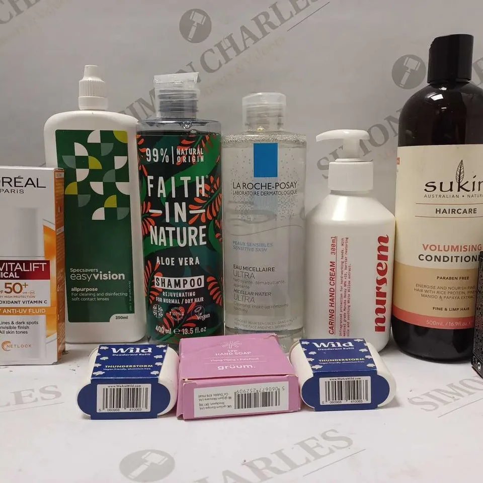 LOT OF APPROX 10 ASSORTED BEAUTY PRODUCTS TO INCLUDE L'OREAL DAILY ANTI-UV FLUID, FAITH IN NATURE SHAMPOO. NURSEM HAND CREAM, ETC 