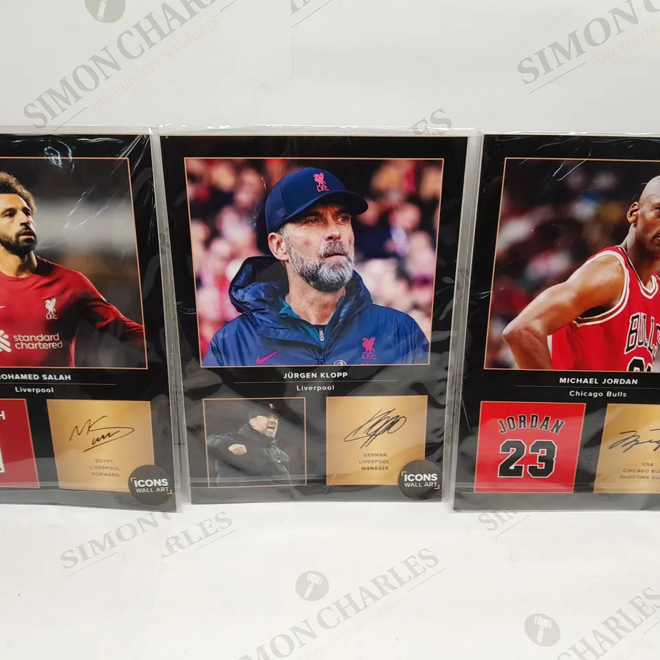 THREE ASSORTED WALL ICONS ART WORKS TO INCLUDE; MOHAMED SALAH, JURGEN KLOPP AND MICHAEL JORDAN