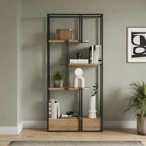 BOXED BLAISE TALL SHELVING UNIT - METAL & OAK (1 BOX)