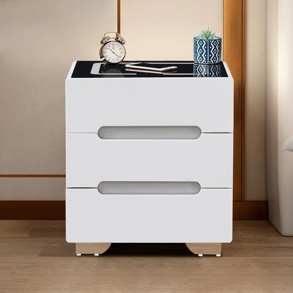 BOXED ERINN MODERN LED LIGHT BEDSIDE NIGHTSTAND IN WHITE AND BLACK