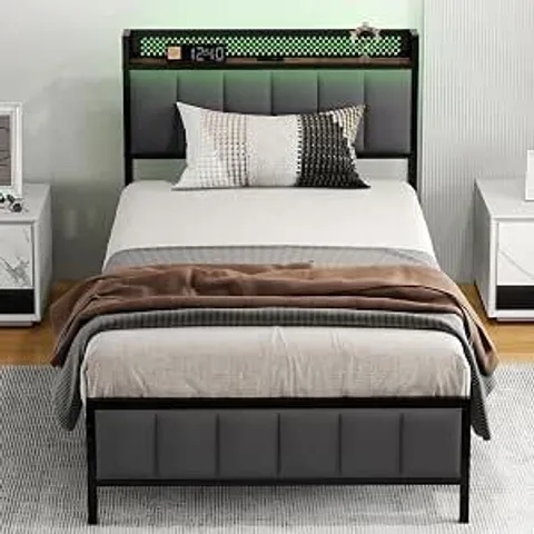 BOXED LEVEDE SINGLE BED FRAME WITH STORAGE HEADBOARD LED LIGHTS AND CHARGING GREY