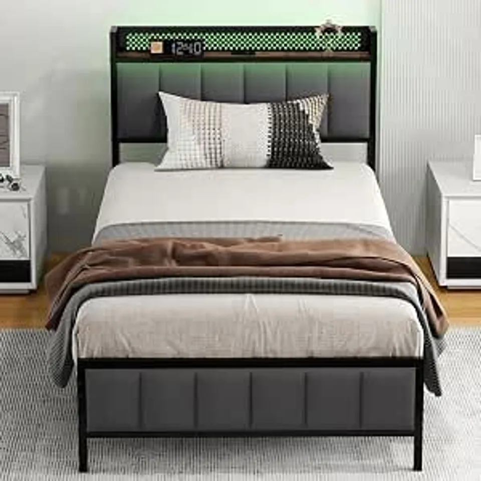 BOXED LEVEDE SINGLE BED FRAME WITH STORAGE HEADBOARD LED LIGHTS AND CHARGING GREY