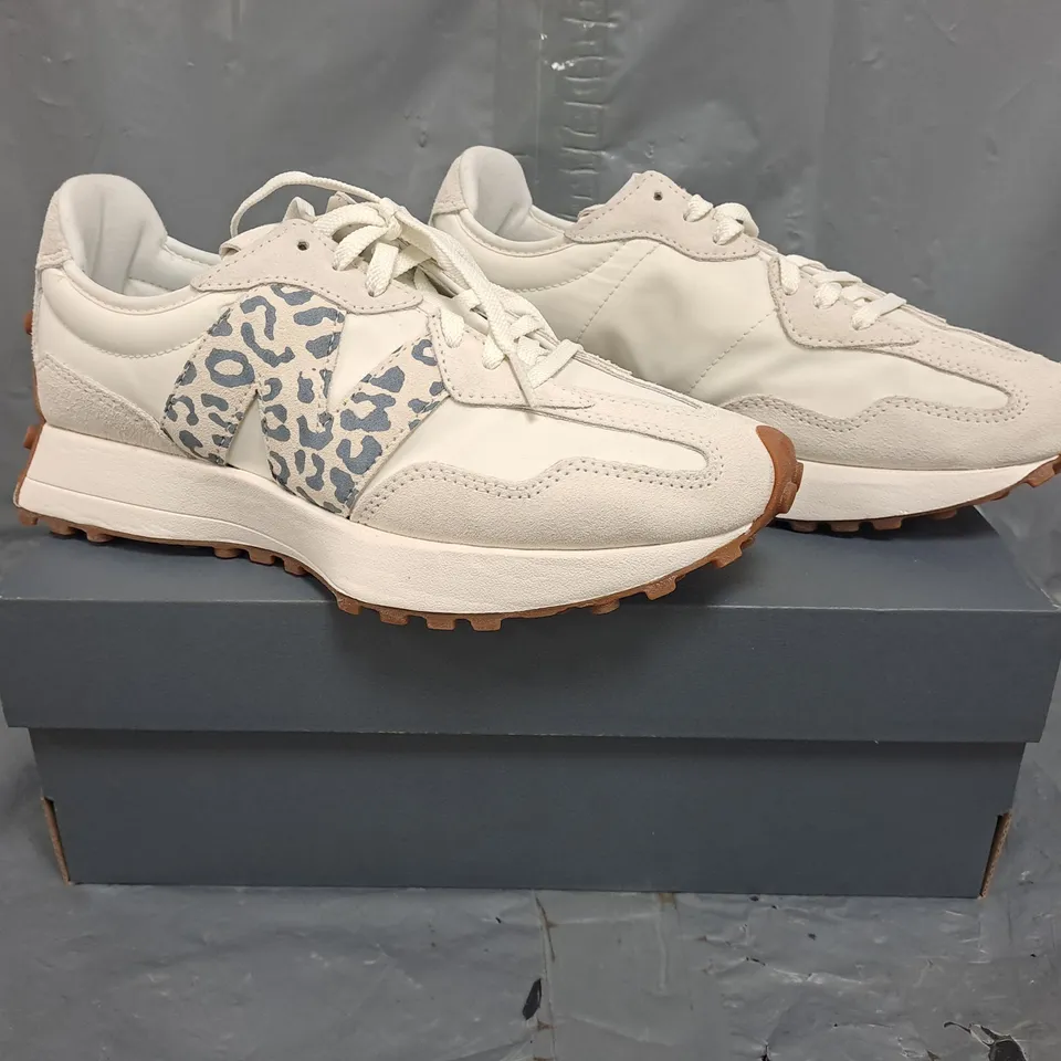 BOXED PAIR OF NEW BALANCE 327 TRAINERS IN OFF-WHITE/ANIMAL PRINT SIZE UK 5.5