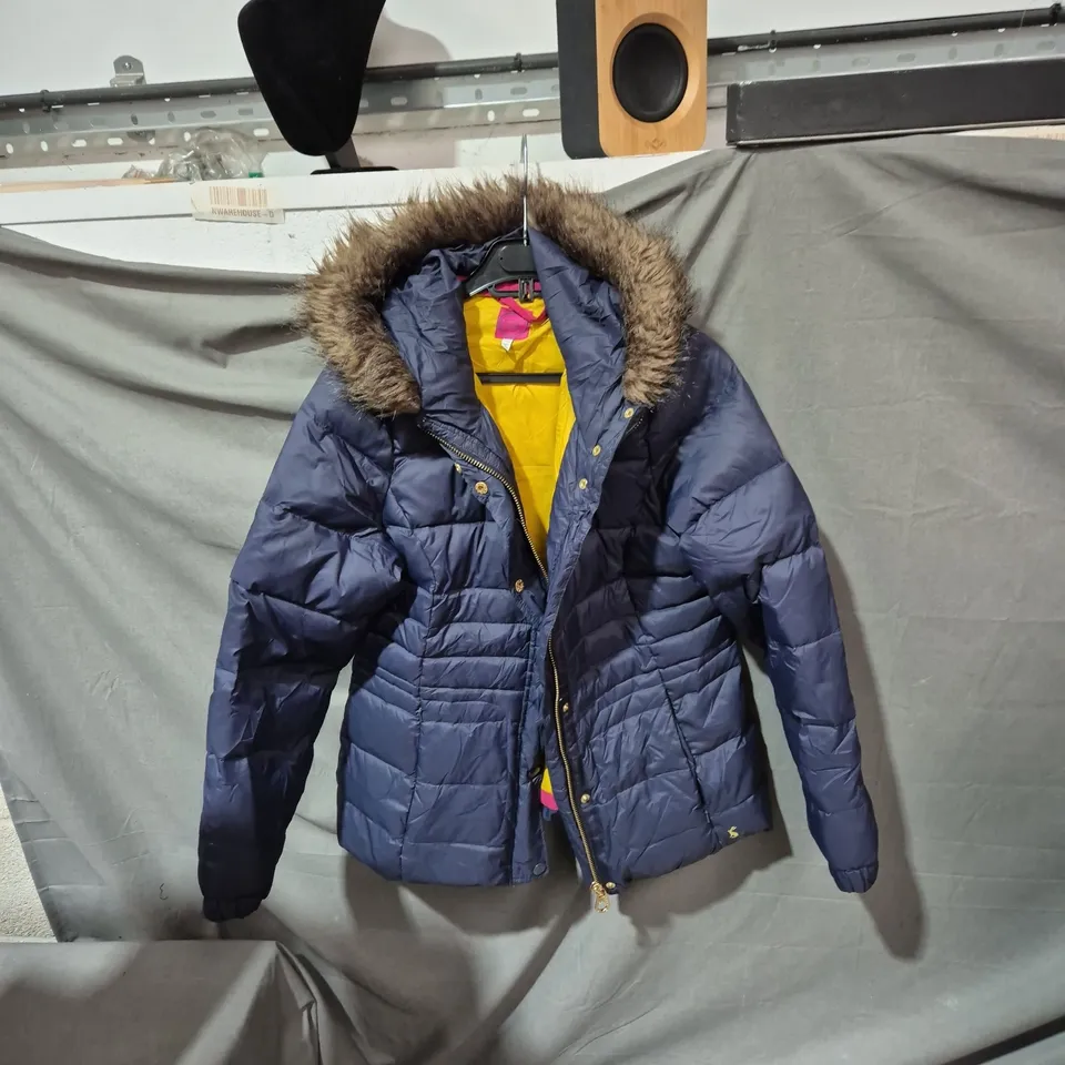 JOULES WOMEN'S NAVY PUFFER JACKET WITH FUR TRIM HOOD – UK 16
