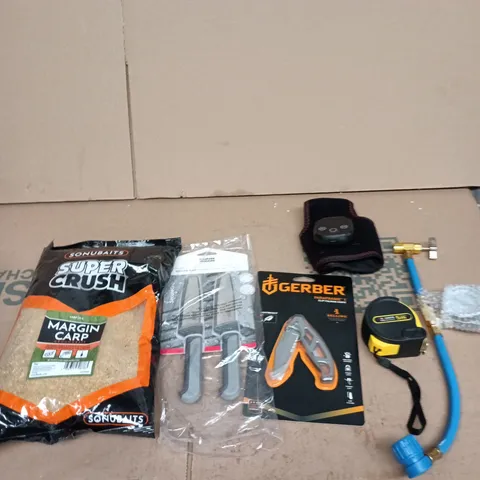 TOTE OF APPROXIMATELY 10 ASSORTED ITEMS INCLUDING GERBER PARAFRAME I CLIP FOLDING KNIFE, KUHN RIKON SECURE GRIP PARING KNIFE SET 2PCS AND SONUBAITS SUPER CRUSH MARGIN CARP GROUNDBAIT