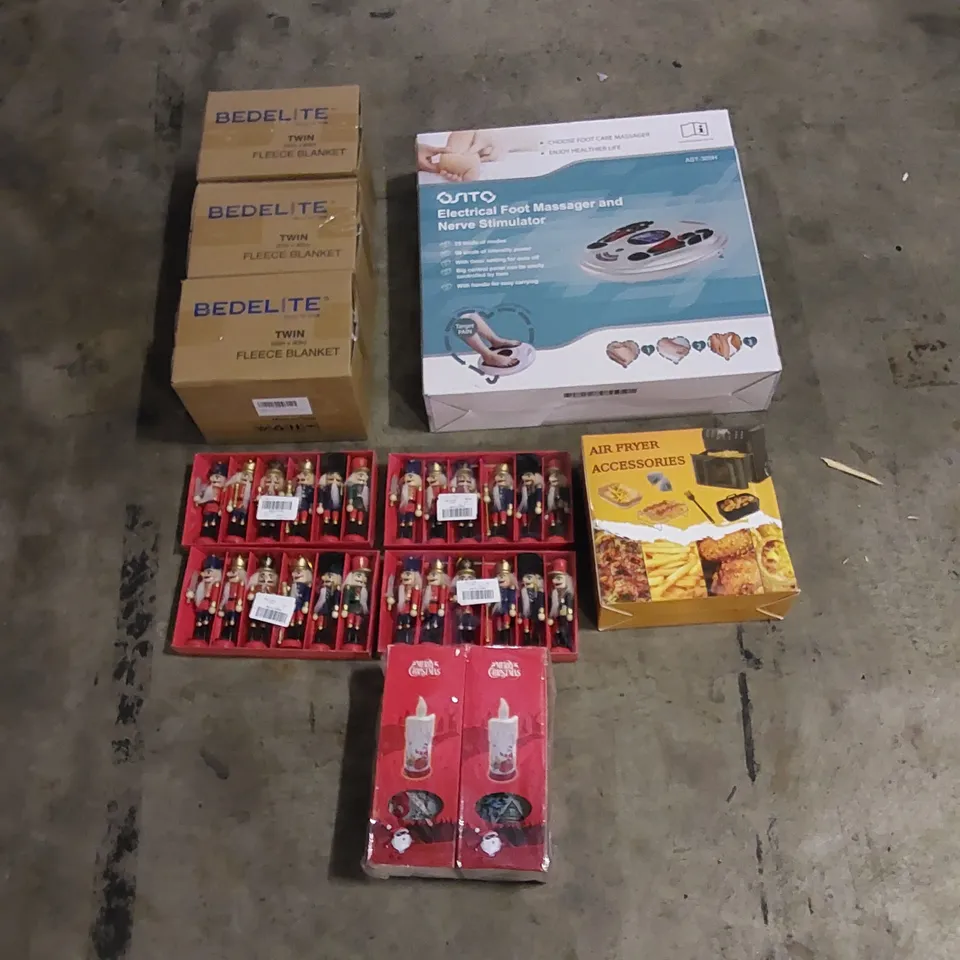 PALLET TO CONTAIN ASSORTED HOUSEHOLD ITEMS AND CONSUMER PRODUCTS. INCLUDING CHRISTMAS DECORATIONS, FLEECE BLANKETS, AIR FRYER ACCESSORIES, FOOT MASSAGER ETC