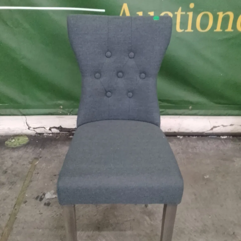 BEWLEY SLATE FABRIC BUTTON BACK DINING CHAIR WITH OAK LEGS