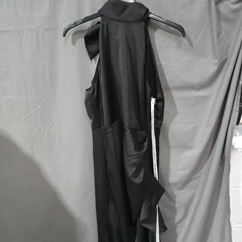 CLUB L LONDON MAUREEN BLACK SATIN HIGH-NECK DRAPED MAXI DRESS – UK 10