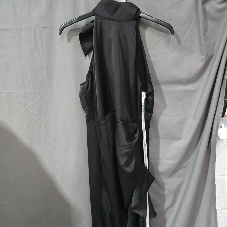 CLUB L LONDON MAUREEN BLACK SATIN HIGH-NECK DRAPED MAXI DRESS – UK 10