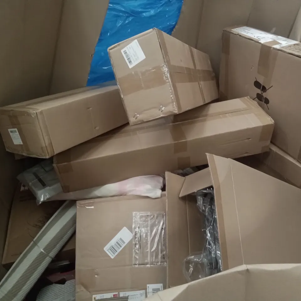 PALLET OF ASSORTED ITEMS INCLUDING BUCKET STORAGE, OLYSPM 5IN1 BALANCE BIKE, MISERWE SHOE STRETCHER, UMBRELLA, POP UP TENT, FOOT SPA MASSAGER 