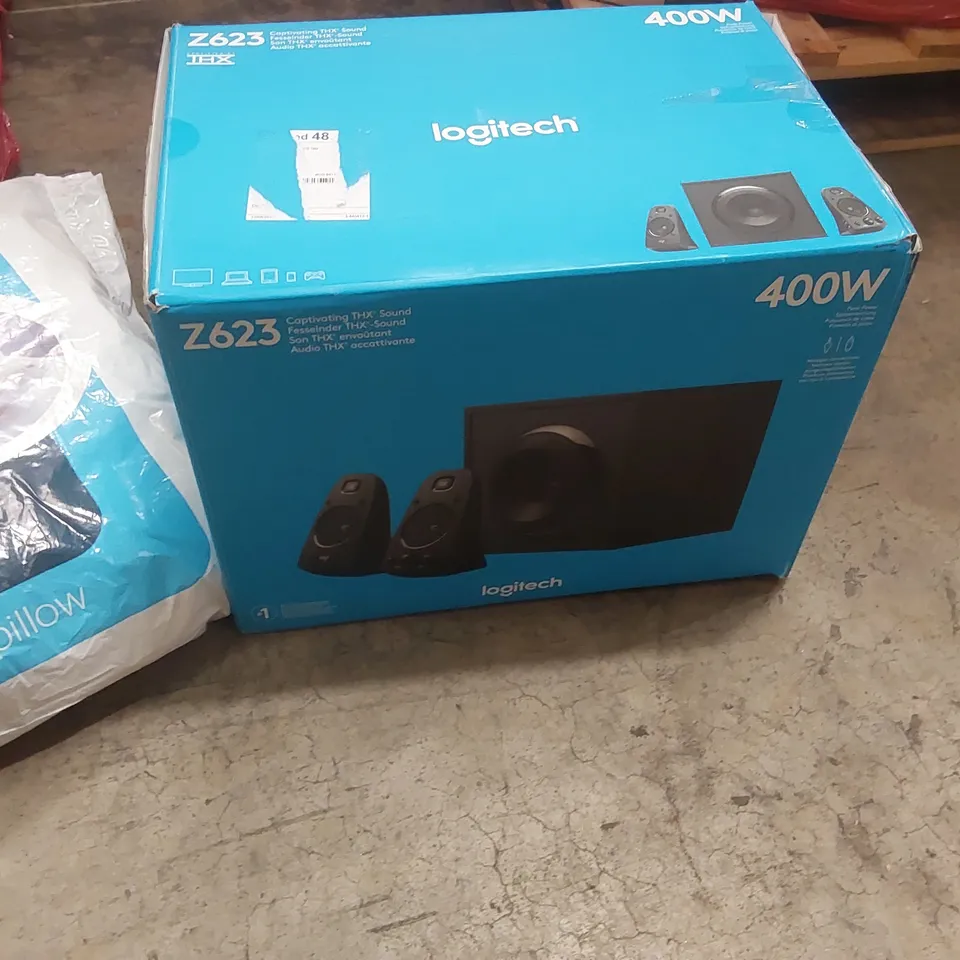 PALLET OF ASSORTED ITEMS TO INCLUDE: LOGITECH Z623 COMPUTER SPEAKER SYSTEM, LOGITECH WIRELESS KEYBOARD + MOUSE SETS, HEAVY DUTY UNDER DESK PC MOUNT, CLOTHES AIRER, SILENTNIGHT PILLOW ECT