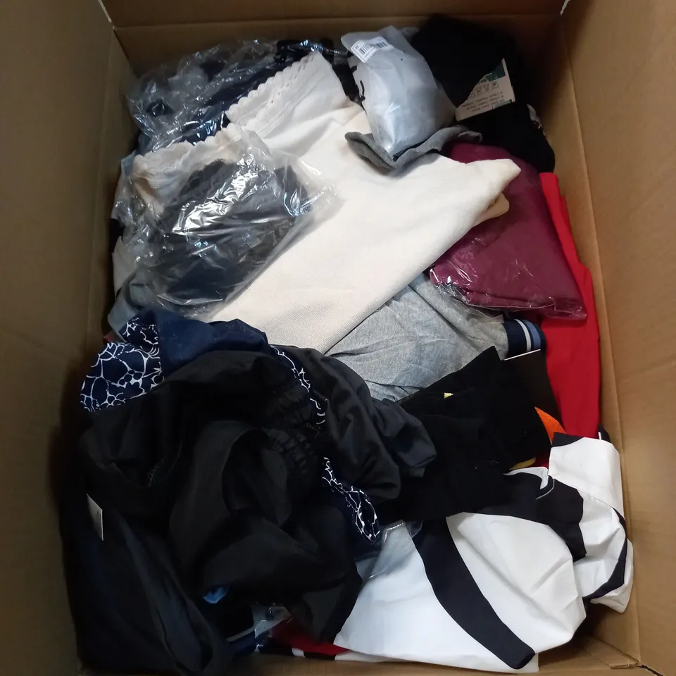 BOX OF APPROX 35 ASSORTED CLOTHING ITEMS TO INCLUDE - DRESSES, T-SHIRTS AND TROUSERS