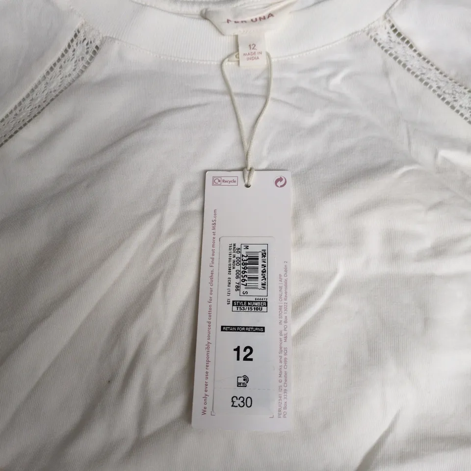 PER UNA WHITE WOMEN'S TOP WITH LACE TRIM, UK 12