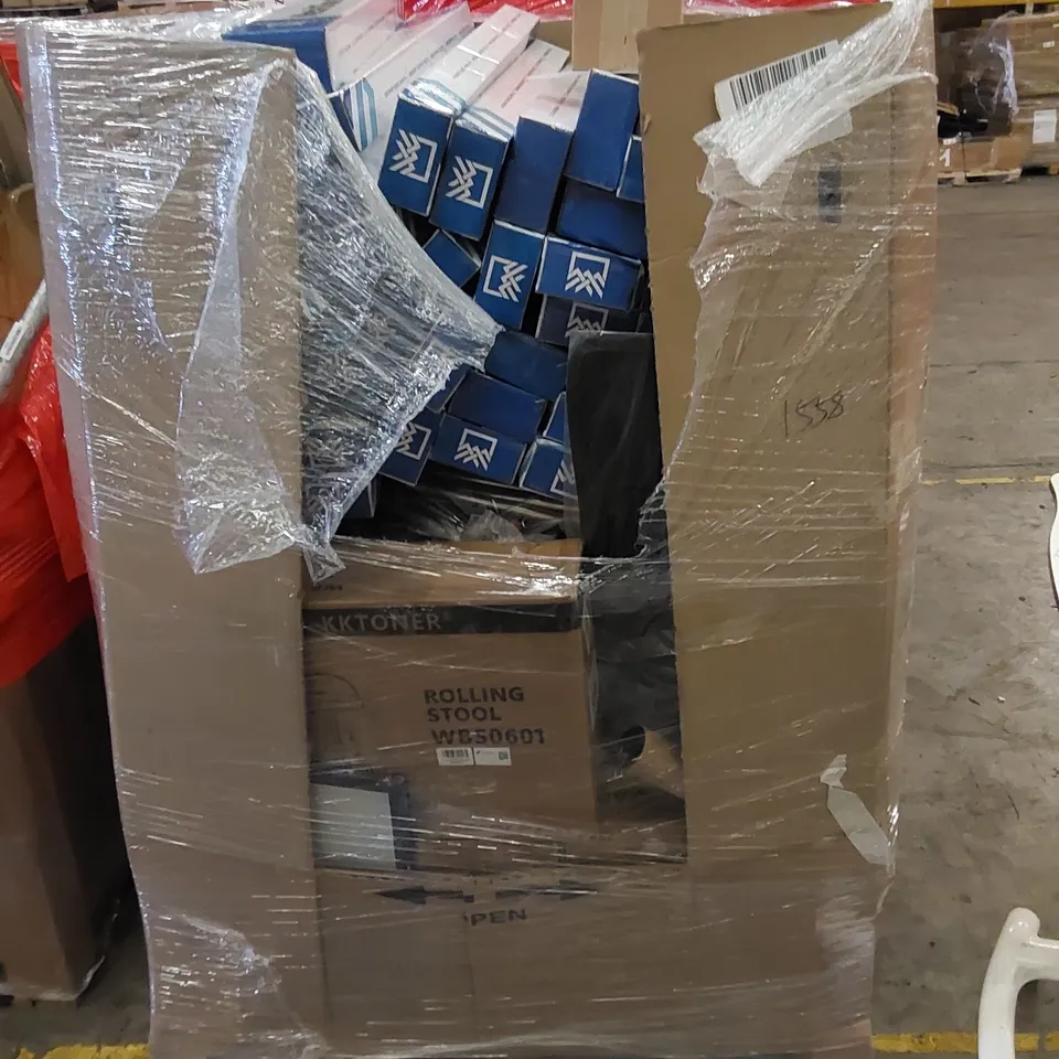 PALLET TO CONTAIN ASSORTED HOUSEHOLD ITEMS AND CONSUMER PRODUCTS. INCLUDES A LARGE QUANTITY OF METAL SHOE RACKS AND BOXED FURNITURE ETC