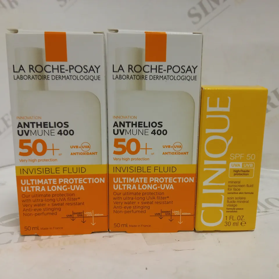 LOT OF 3 SPF 50+ FACIAL SUNSCREEN, TO INCLUDE CLINIQUE + LA ROCHE-POSAY