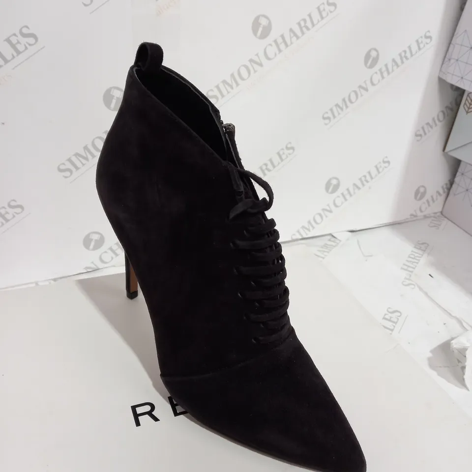 BOXED REISS SUEDE CHOCOLATE BOOT HEELS - SIZE 5