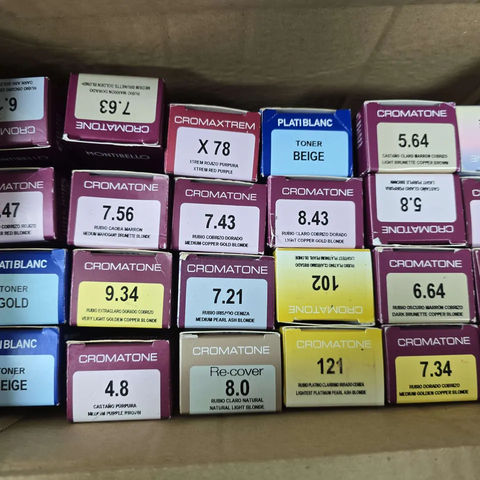 APPROXIMATELY 20 ASSORTED MONTIBELLO PRODUCTS TO INCLUDE CROMATONE HAIR COLOURING CREAM RED PURPLE, PLATI BLANC BEIGE TONER, CROMATONE HAIR COLOURING CREAM LIGHT BRUNETTE, ETC - COLLECTION ONLY
