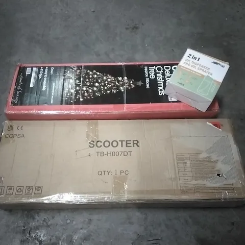PALLET OF HOUSEHOLD ITEMS TO INCLUDE 6FT CHRISTMAS TREE, 2IN1 OIL DISPENSER AND SPRAYER, SCOOTER,KNITTING MACHINE AND OTHER ASSORTED ITEMS...