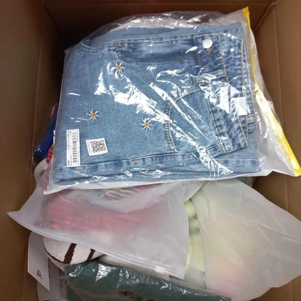 LARGE BOX OF APPROXIMATELY 25 ASSORTED CLOTHING ITEMS IN VARIOUS COLOURS, STYLES AND SIZES - COLLECTION ONLY