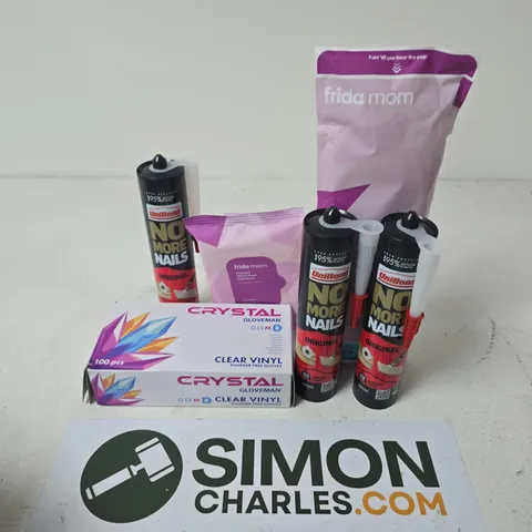 APPROXIMATELY 12 ASSORTED HOUSEHOLD ITEMS TO INCLUDE CRYSTAL GLOVEMAN GLOVES, UNIBOND NO MORE NAILS, FRIDA MOM COLD PADS, ETC