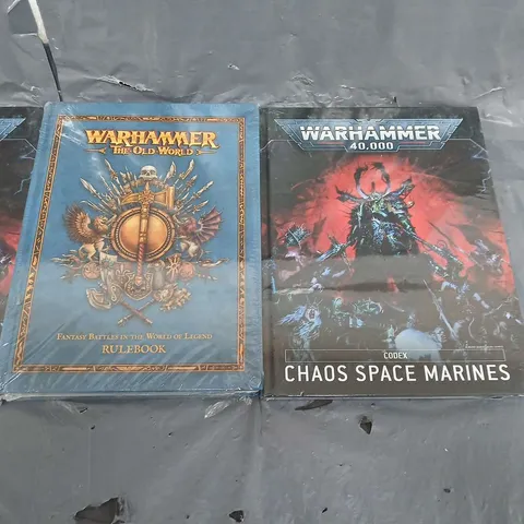 EIGHT ASSORTED SEALED WARHAMMER BOOKS TO INCLUDE; 40,000 CODEX CHAOS SPACE MARINES AND THE OLD WORLD FANTASY BATTLES IN THE WORLD OF LEGEND RULEBOOK