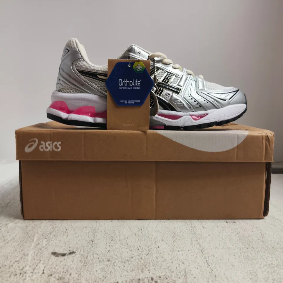 BOXED PAIR OF ASICS GEL-KAYANO 14 TRAINERS IN SILVER/WHITE/PINK SIZE UK 8