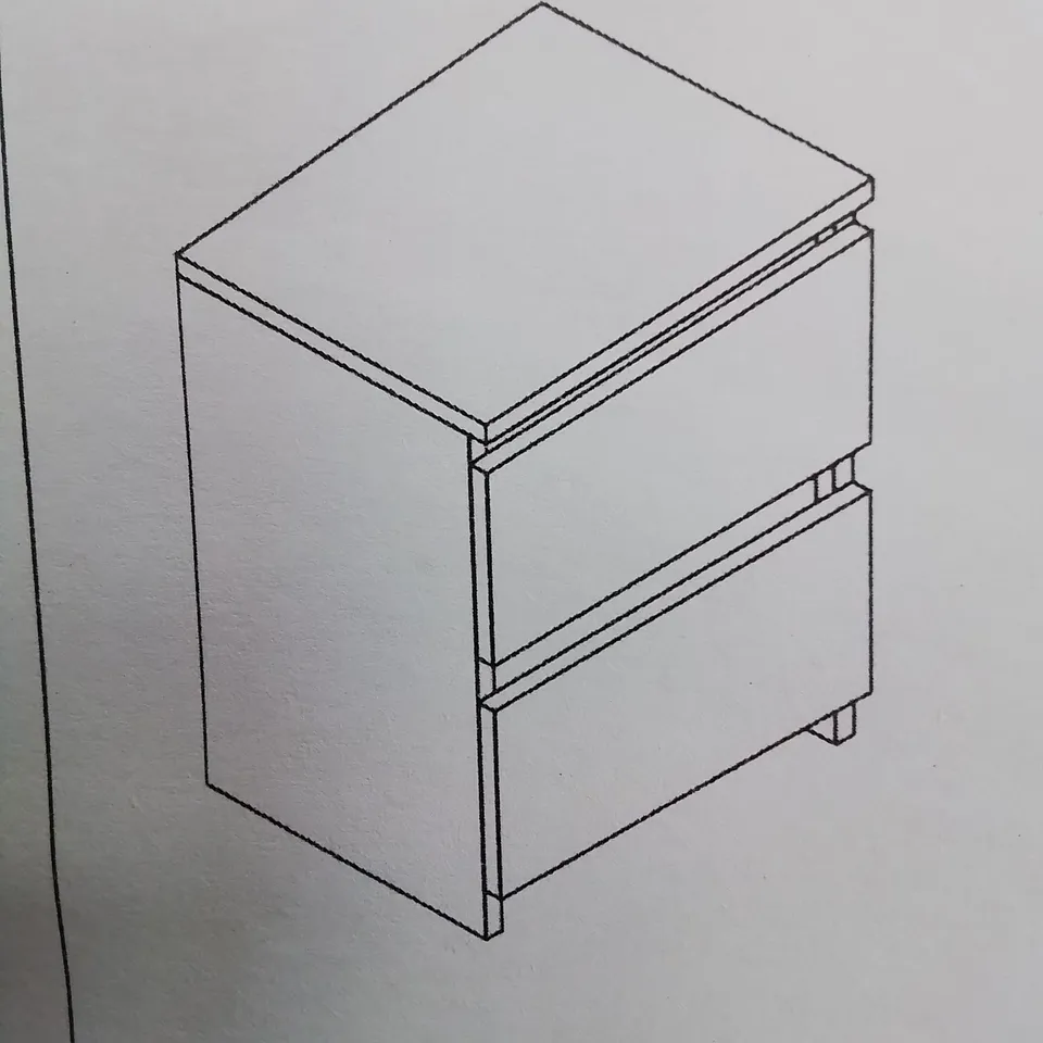 A BOXED TWO DRAWER BEDSIDE TABLE IN WHITE