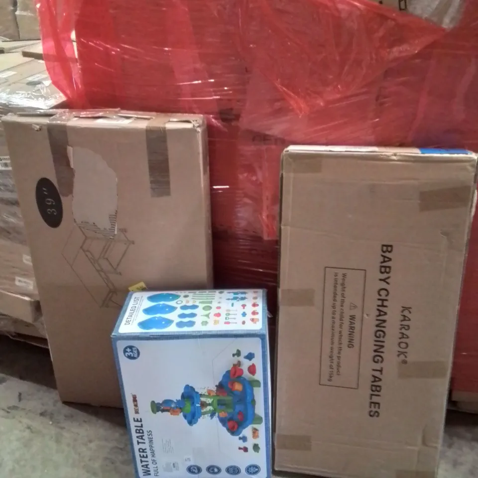 PALLET OF ASSORTED HOUSEHOLD GOODS AND PRODUCTS TO INCLUDE;DESK,WATER TABLE,BABY CHANGING TABLE