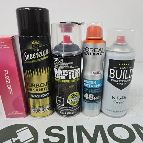 APPROXIMATELY 15 ASSORTED AEROSOLS TO INCLUDE FUZZ OFF , L'OREAL MEN AND TURBOJET AIR SANITISER