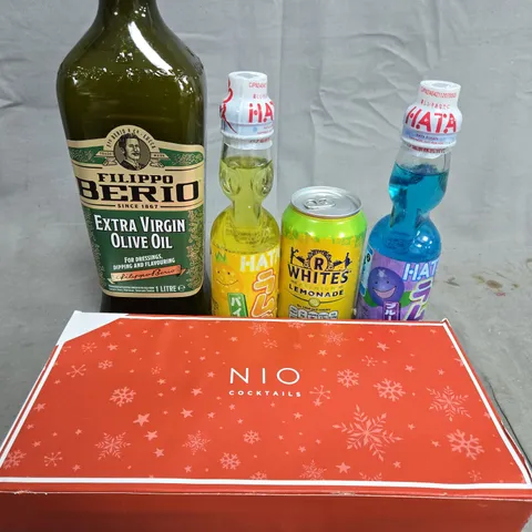 APPROXIMATELY 5 ASSORTED FOOD ITEMS TO INCLUDE - R WHITES, EXTRA VIRGIN OLIVE OIL AND NIO COCKTAILS