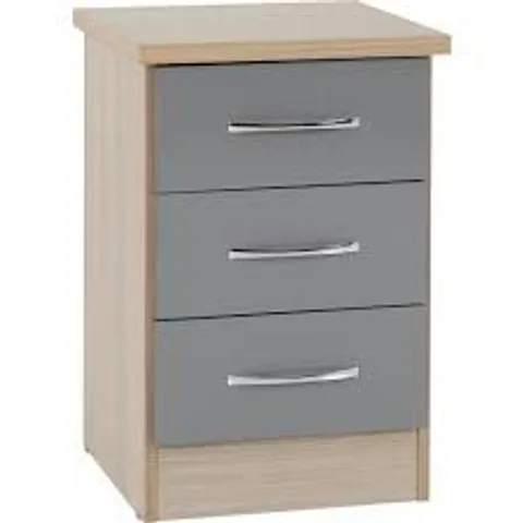 BOXED NEVADA 3 DRAWER BEDSIDE - GREY GLOSS/LIGHT OAK (1 BOX)