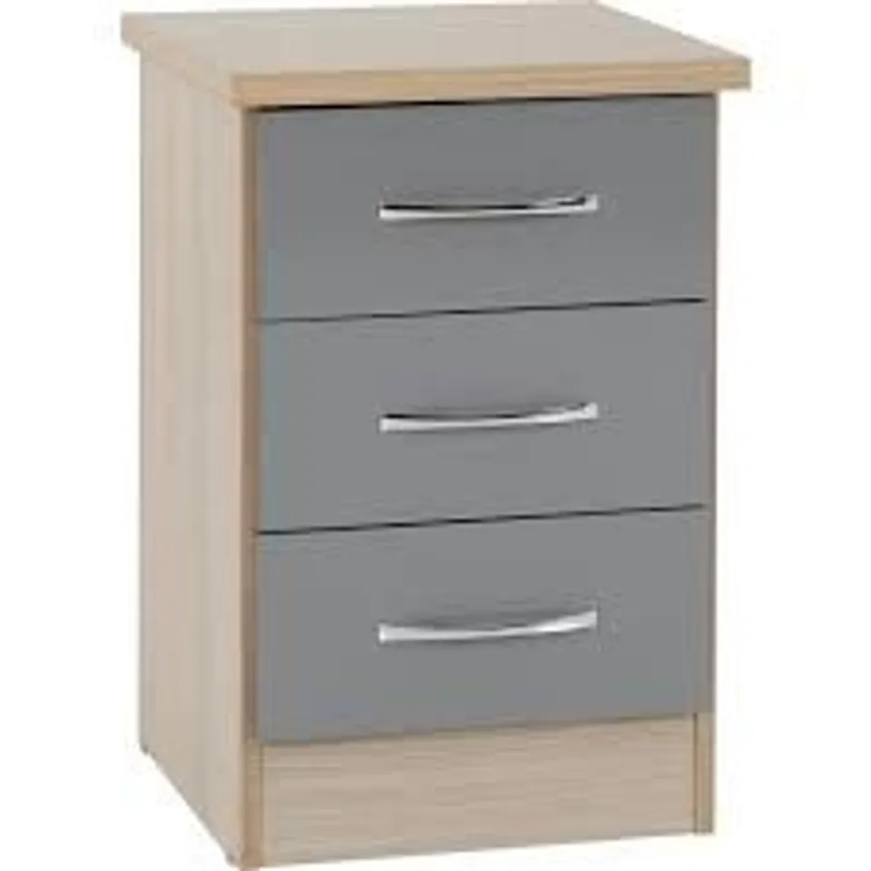 BOXED NEVADA 3 DRAWER BEDSIDE - GREY GLOSS/LIGHT OAK (1 BOX)