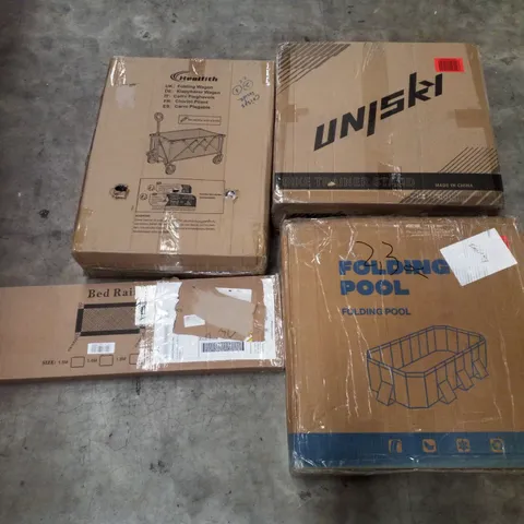 PALLET CONTAINING ASSORTED PRODUCTS INCLUDING BIKE TRAINER STAND, FOLDING POOL, FOLDING WAGON & BED RAIL