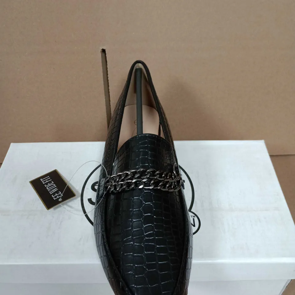 BOXED PAIR OF SPOT ON WOMEN'S BLACK CROC-EMBOSSED LEATHER LOAFERS - UK SIZE 4