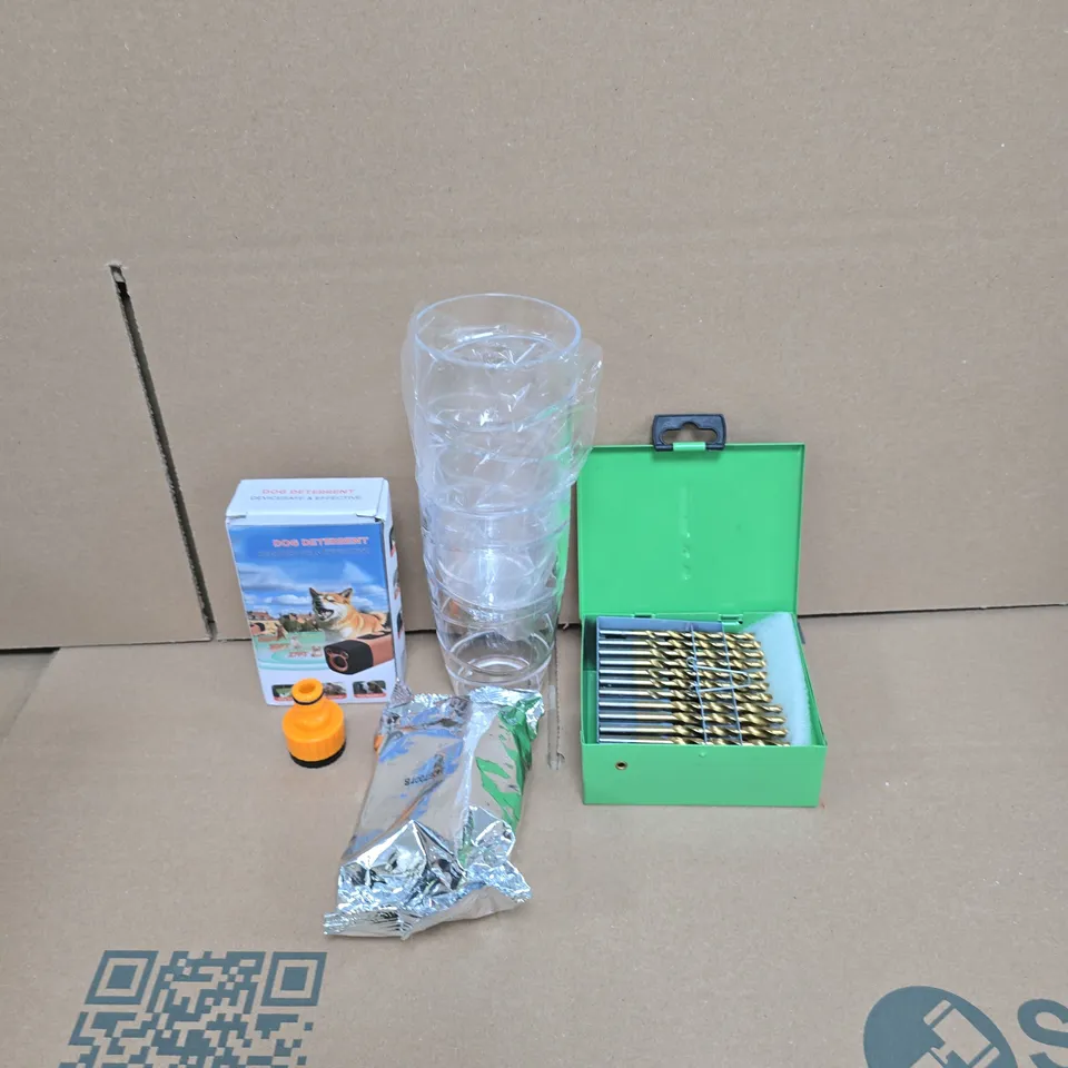 APPROXIMATELY 12 ASSORTED HOUSEHOLD PRODUCTS TO INCLUDE DRILL BITS, CLEAR PLASTIC CUPS AND A DOG DETERRENT