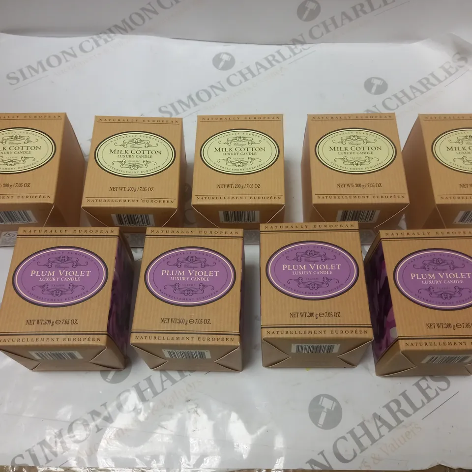 BOX OF APPROXIMATELY 9 LUXURY CANDLES - MILK COTTON AND PLUM VIOLET