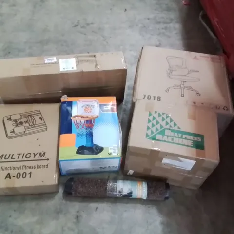 PALLET OF ASSORTED ITEMS TO INCLUDE: OFFICE CHAIR, HEAT PRESS MACHINE, DISH DRYING RACK, KIDS BASKETBALL HOOP, MULTIFUNCTIONAL FITNESS BOARD, DOOR MAT ECT
