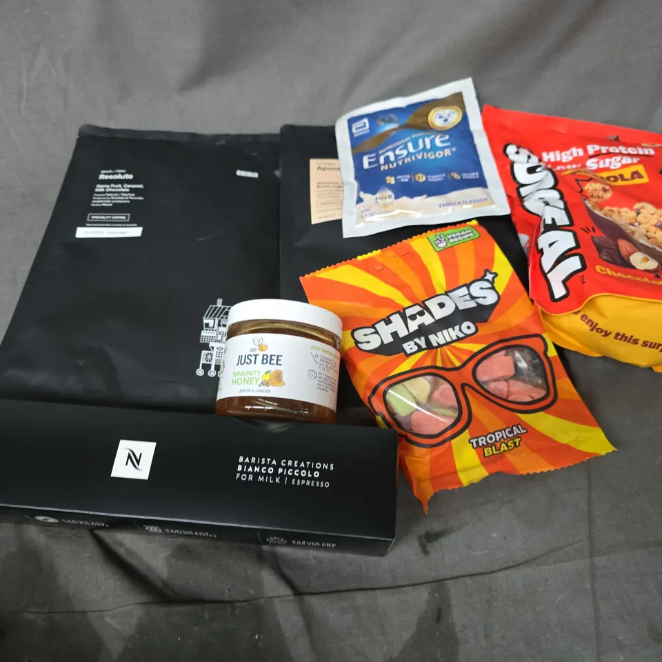 APPROXIMATELY 12 ASSORTED FOOD & DRINK ITEMS TO INCLUDE JUST BEE IMMUNITY HONEY, NESPRESSO PODS, SHADES BY NIKO, ETC - COLLECTION ONLY