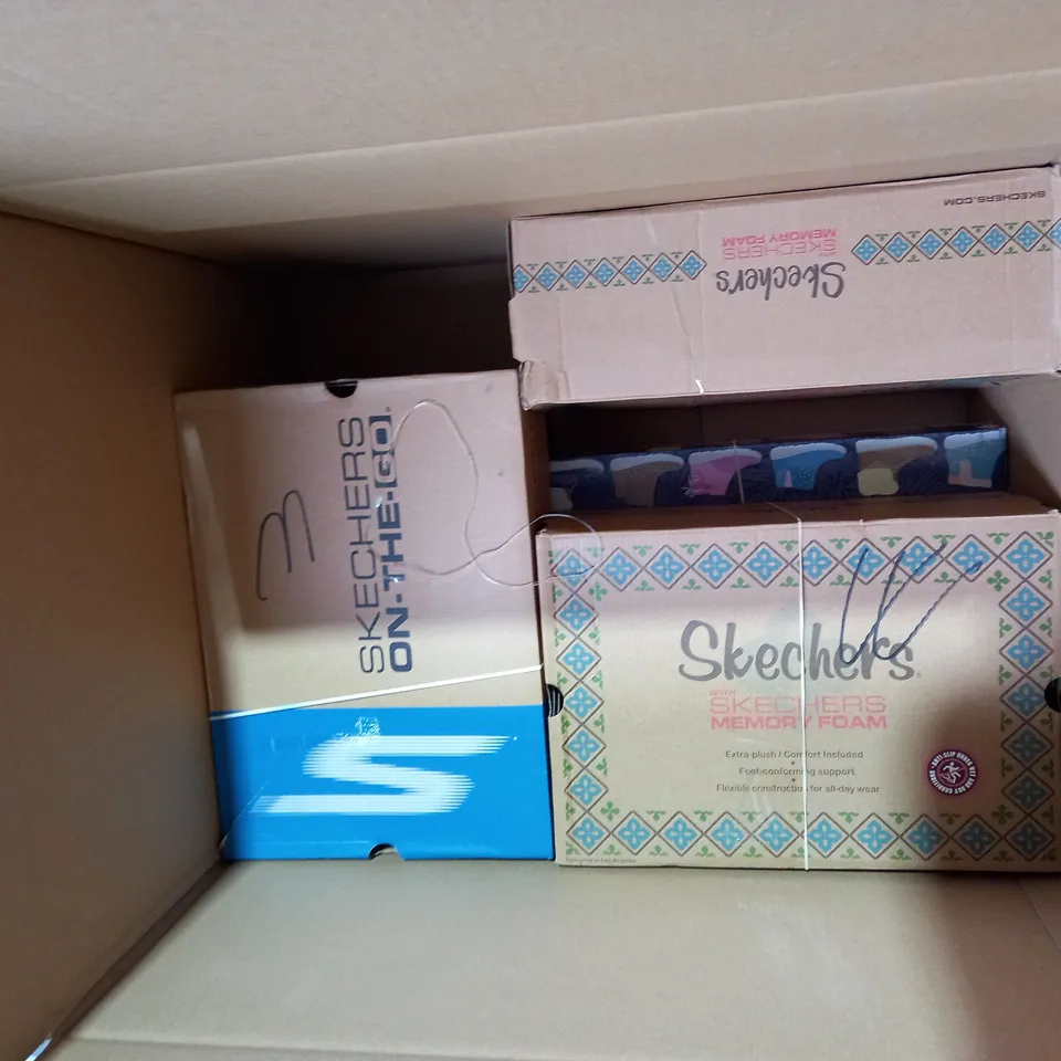 BOX OF APPROXIMATELY 8 ASSORTED SKECHERS FOOTWEAR ITEMS TO INCLUDE GREY BOOTS, BLACK TRAINERS, SILVER TRAINERS ETC